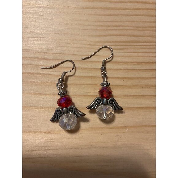 Angel Wing Beaded Dangle Earrings - Red & Clear Crystals - 1.5" Length - Picture 2 of 3